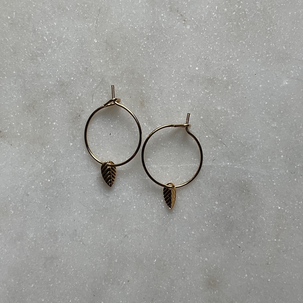 Minimalist Gold  Small Leaf Hoop Earrings